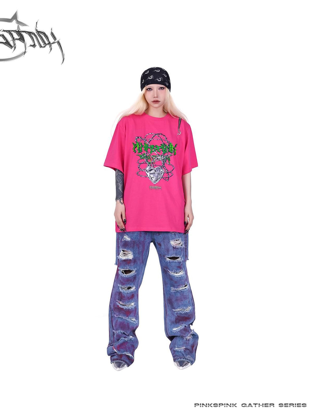 PINKSPINK Thorn Heart Zipper Punk Loose Print Vine Women's Cotton Off-shoulder T-shirts