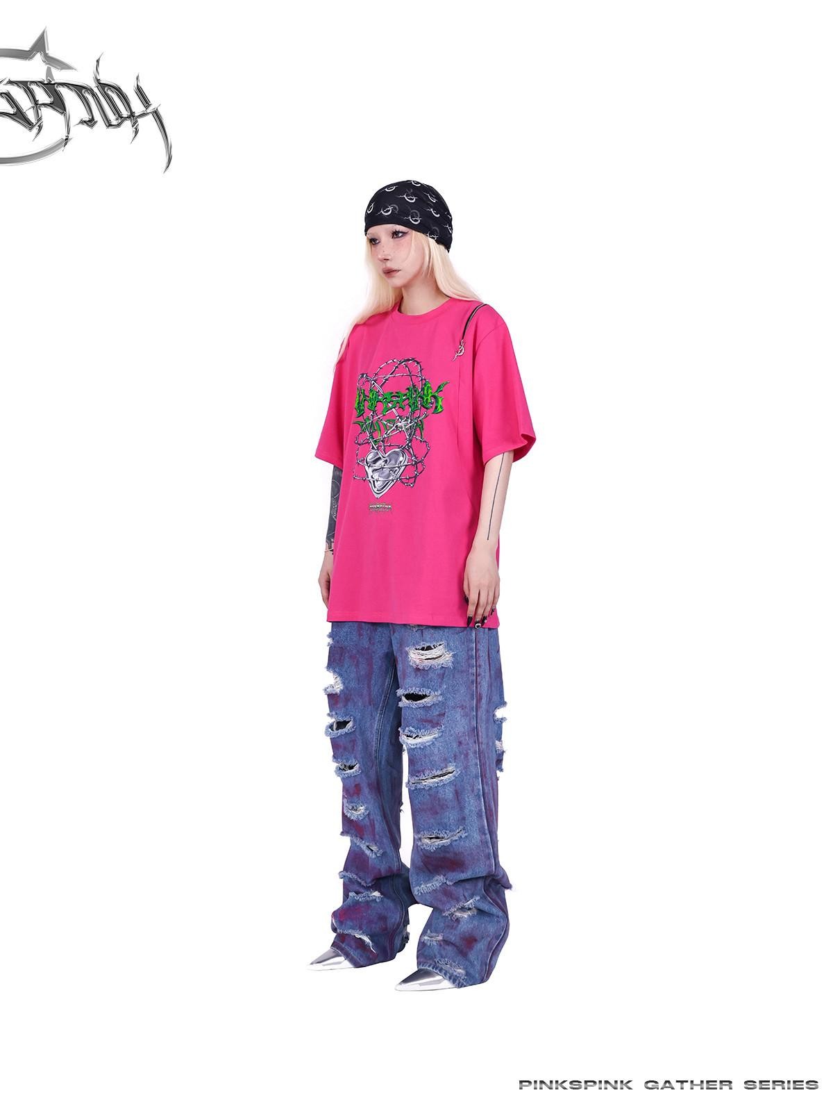 PINKSPINK Thorn Heart Zipper Punk Loose Print Vine Women's Cotton Off-shoulder T-shirts