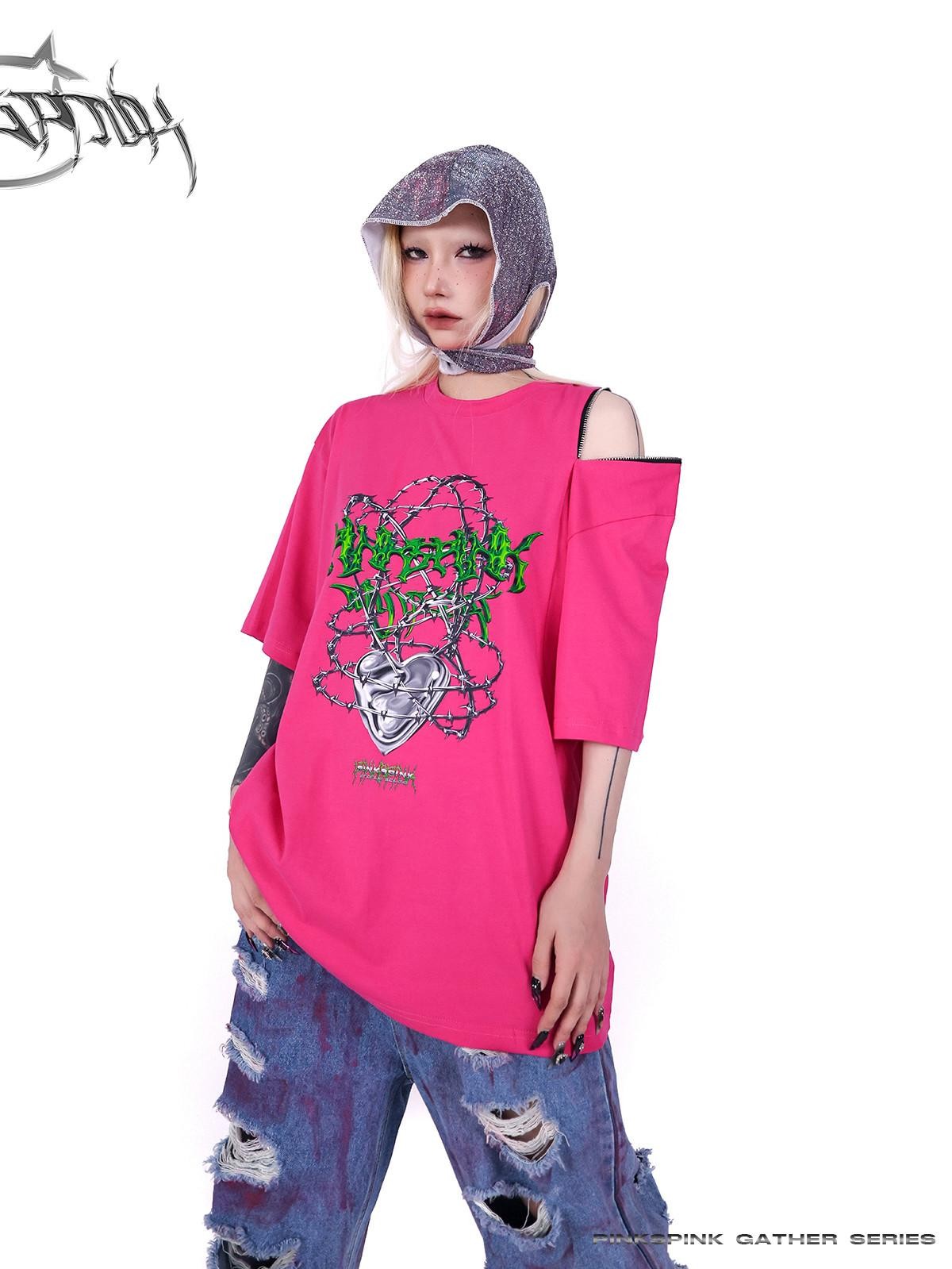 PINKSPINK Thorn Heart Zipper Punk Loose Print Vine Women's Cotton Off-shoulder T-shirts