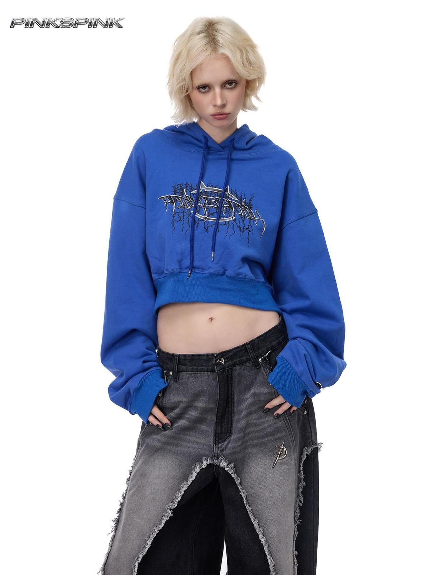 PINKSPINK Thorn Print Backless Cropped Street Hooded Fleece Women's Hoodies