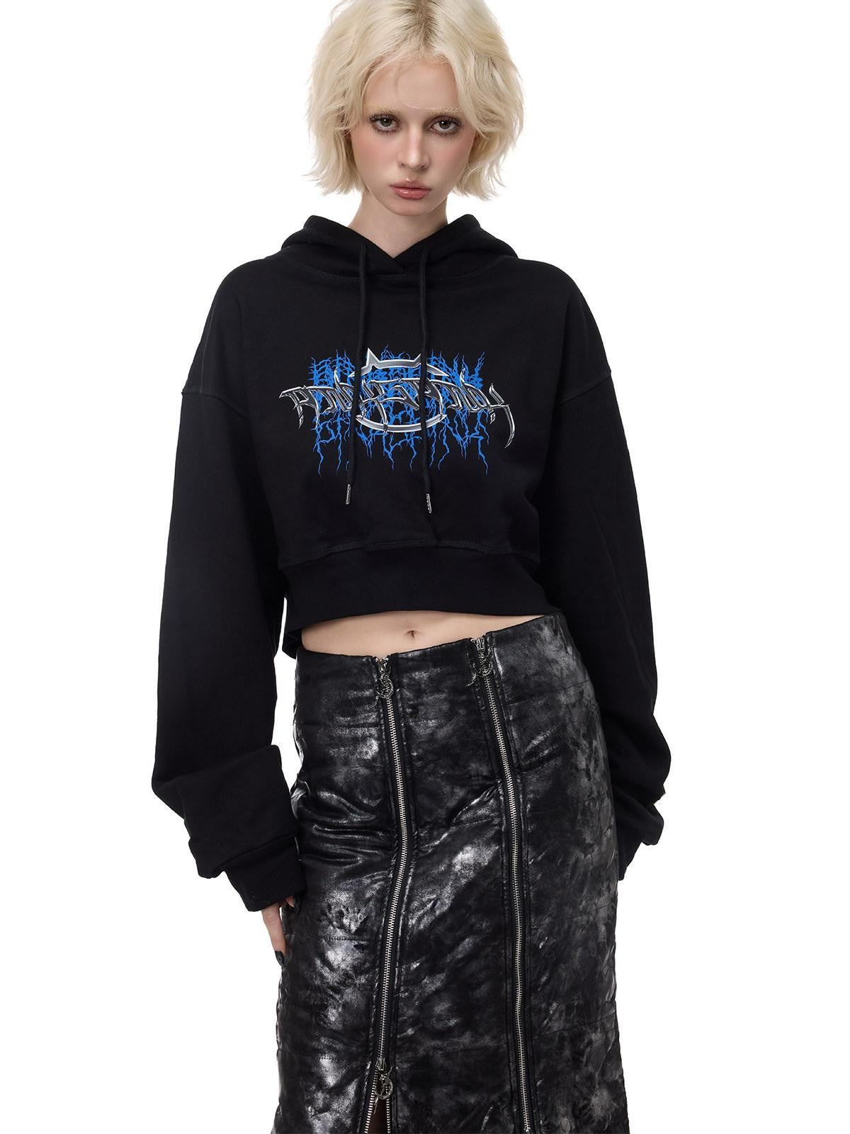 PINKSPINK Thorn Print Backless Cropped Street Hooded Fleece Women's Hoodies