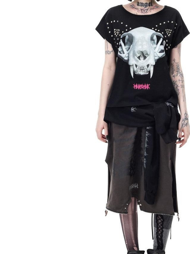 PINKSPINK Thorn Print Patchwork Embroidered Punk Rock Reworked Women's Cotton Midi Skirts