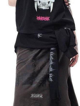 PINKSPINK Thorn Print Patchwork Embroidered Punk Rock Reworked Women's Cotton Midi Skirts