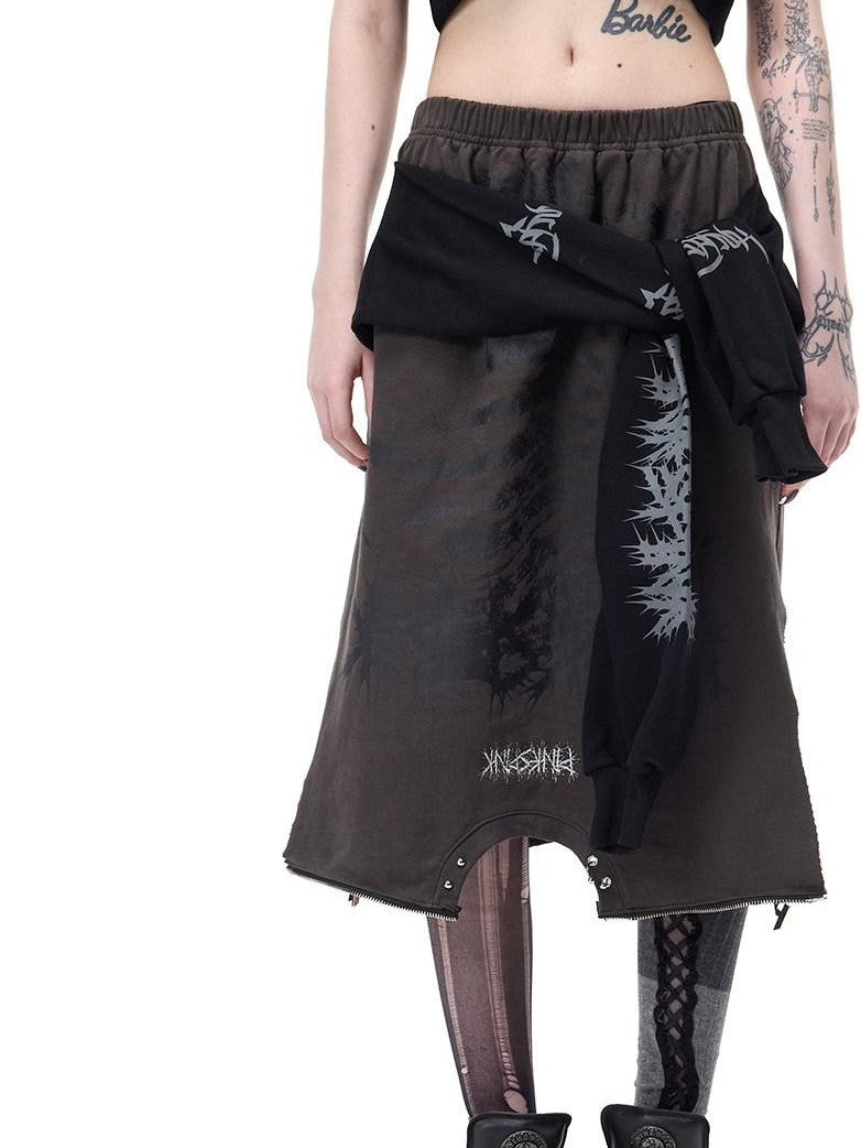 PINKSPINK Thorn Print Patchwork Embroidered Punk Rock Reworked Women's Cotton Midi Skirts
