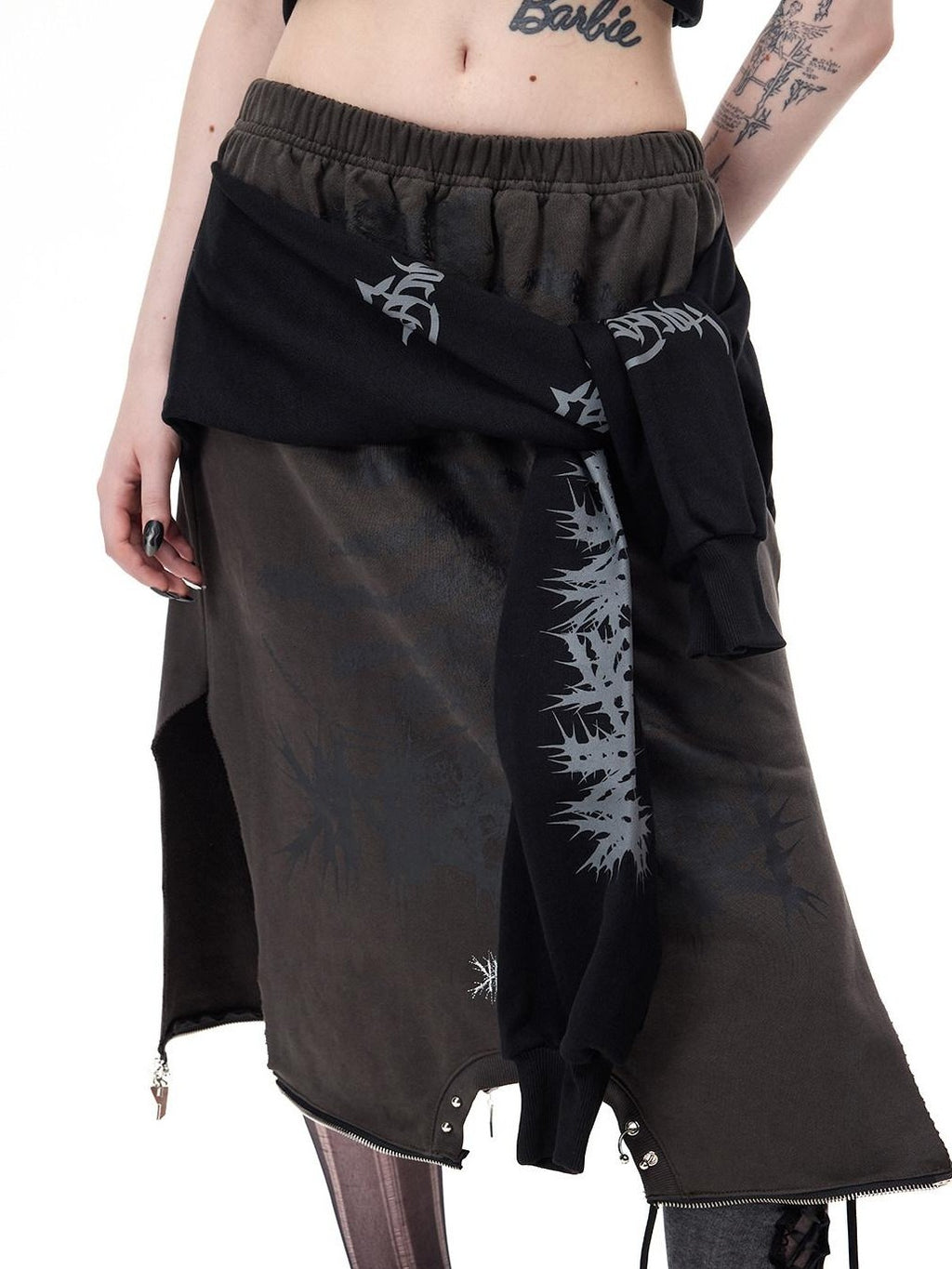 PINKSPINK Thorn Print Patchwork Embroidered Punk Rock Reworked Women's Cotton Midi Skirts