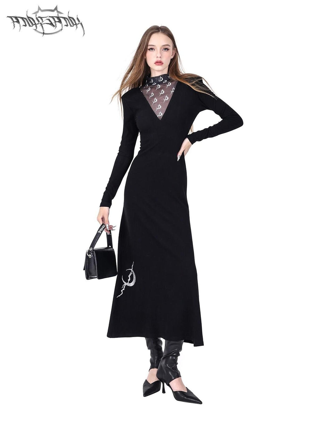 PINKSPINK Tulle Mesh Embroidered Padded Shoulder High Neck Women's Casual Maxi Dresses