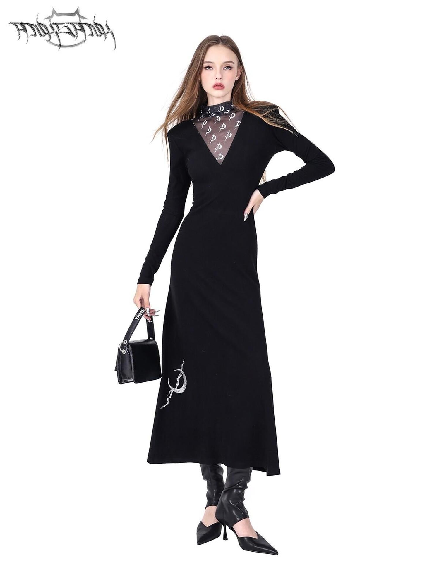 PINKSPINK Tulle Mesh Embroidered Padded Shoulder High Neck Women's Casual Maxi Dresses