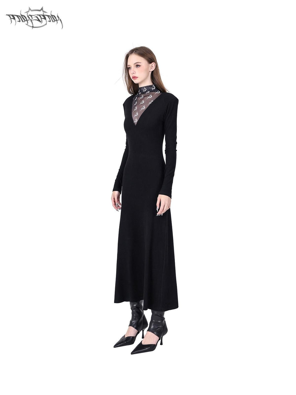 PINKSPINK Tulle Mesh Embroidered Padded Shoulder High Neck Women's Casual Maxi Dresses