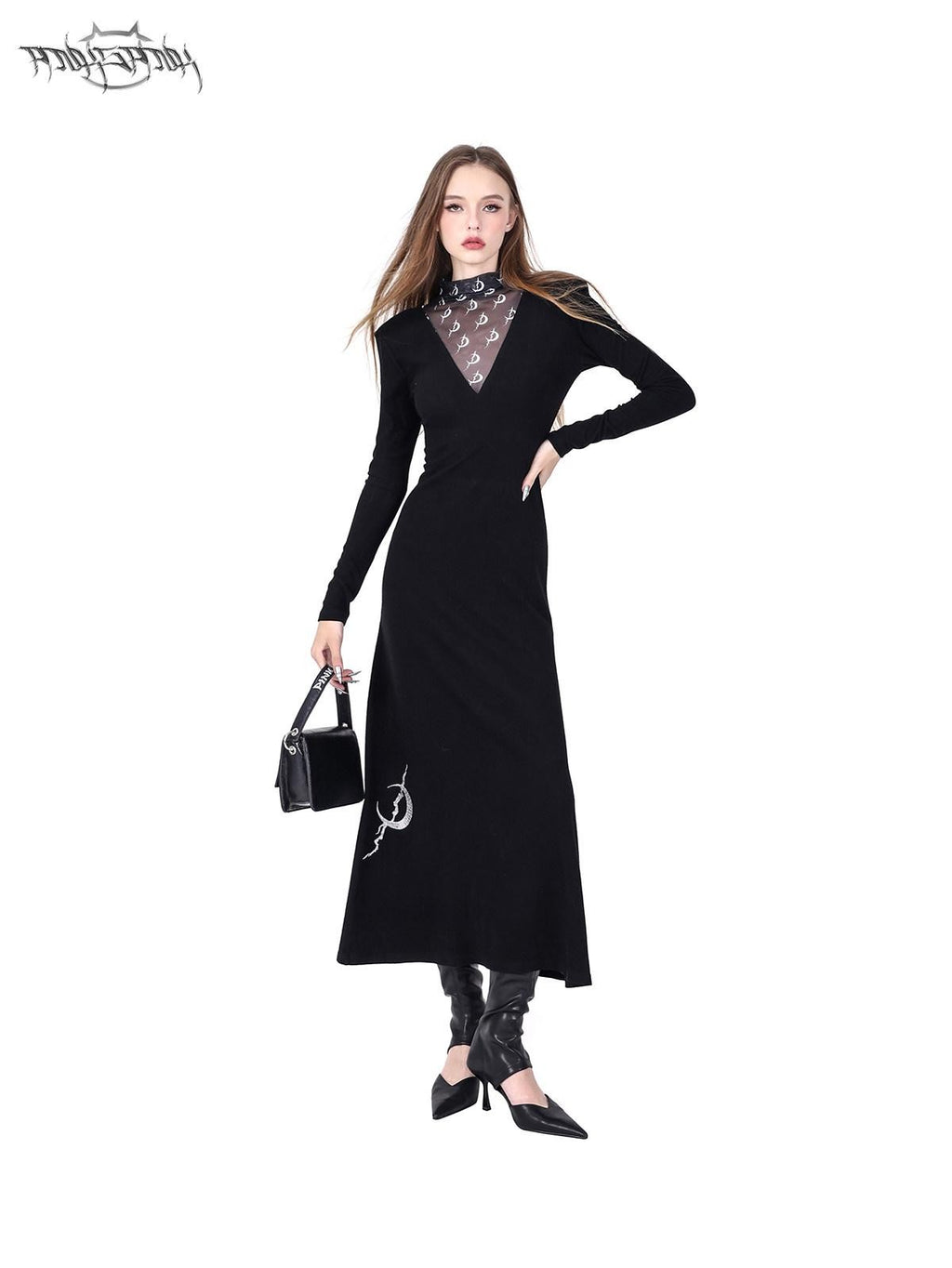 PINKSPINK Tulle Mesh Embroidered Padded Shoulder High Neck Women's Casual Maxi Dresses