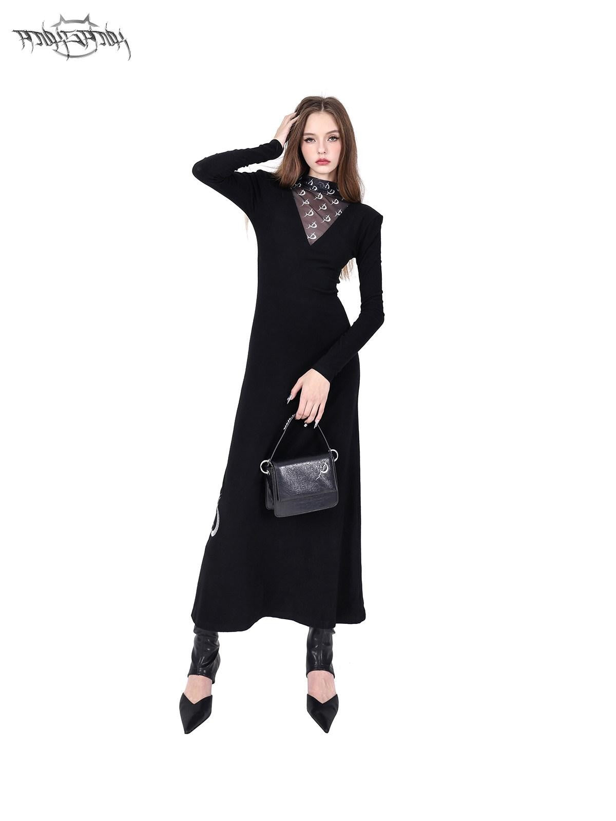 PINKSPINK Tulle Mesh Embroidered Padded Shoulder High Neck Women's Casual Maxi Dresses
