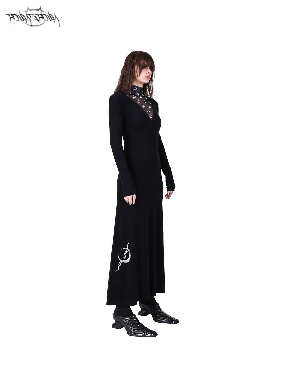 PINKSPINK Tulle Mesh Embroidered Padded Shoulder High Neck Women's Casual Maxi Dresses