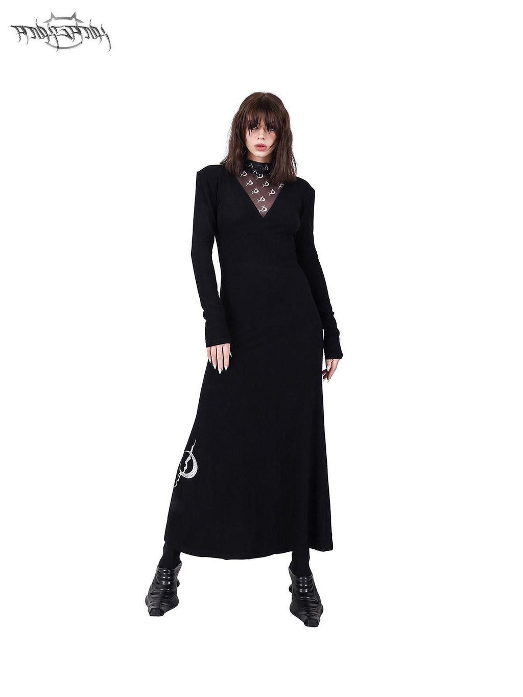 PINKSPINK Tulle Mesh Embroidered Padded Shoulder High Neck Women's Casual Maxi Dresses