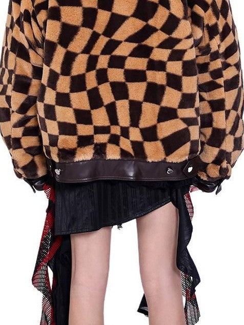 PINKSPINK Twisted Checkerboard Patchwork Print Women's Plush Quilted Fleece Jackets