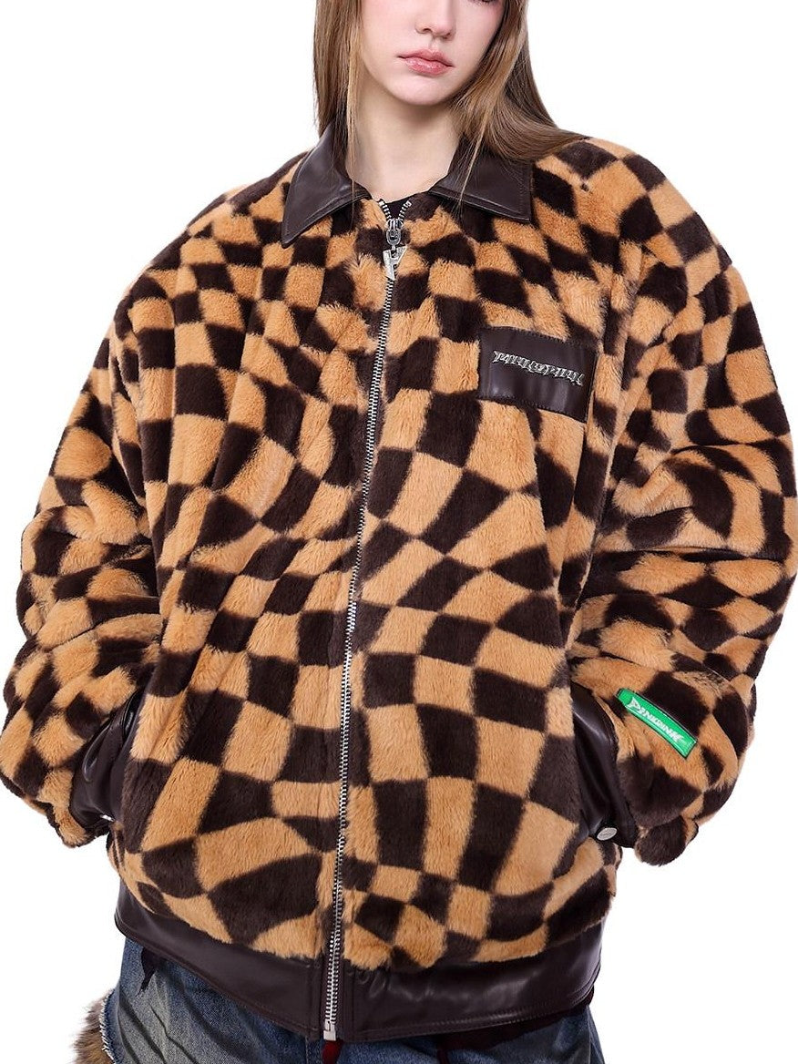 PINKSPINK Twisted Checkerboard Patchwork Print Women's Plush Quilted Fleece Jackets