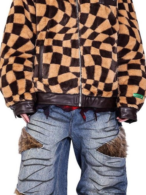 PINKSPINK Twisted Checkerboard Patchwork Print Women's Plush Quilted Fleece Jackets