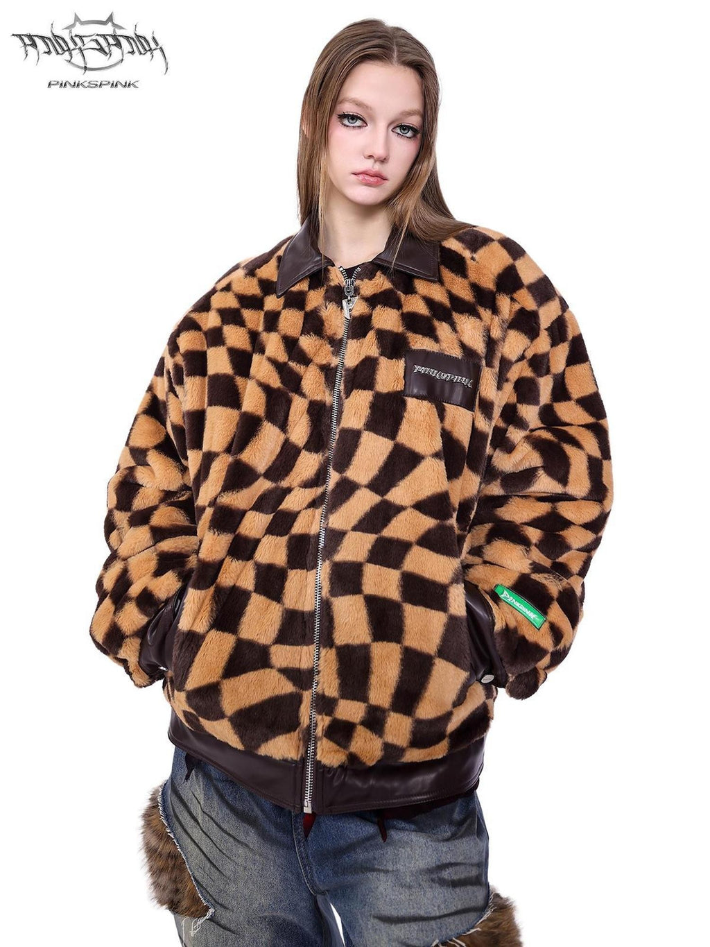 PINKSPINK Twisted Checkerboard Patchwork Print Women's Plush Quilted Fleece Jackets