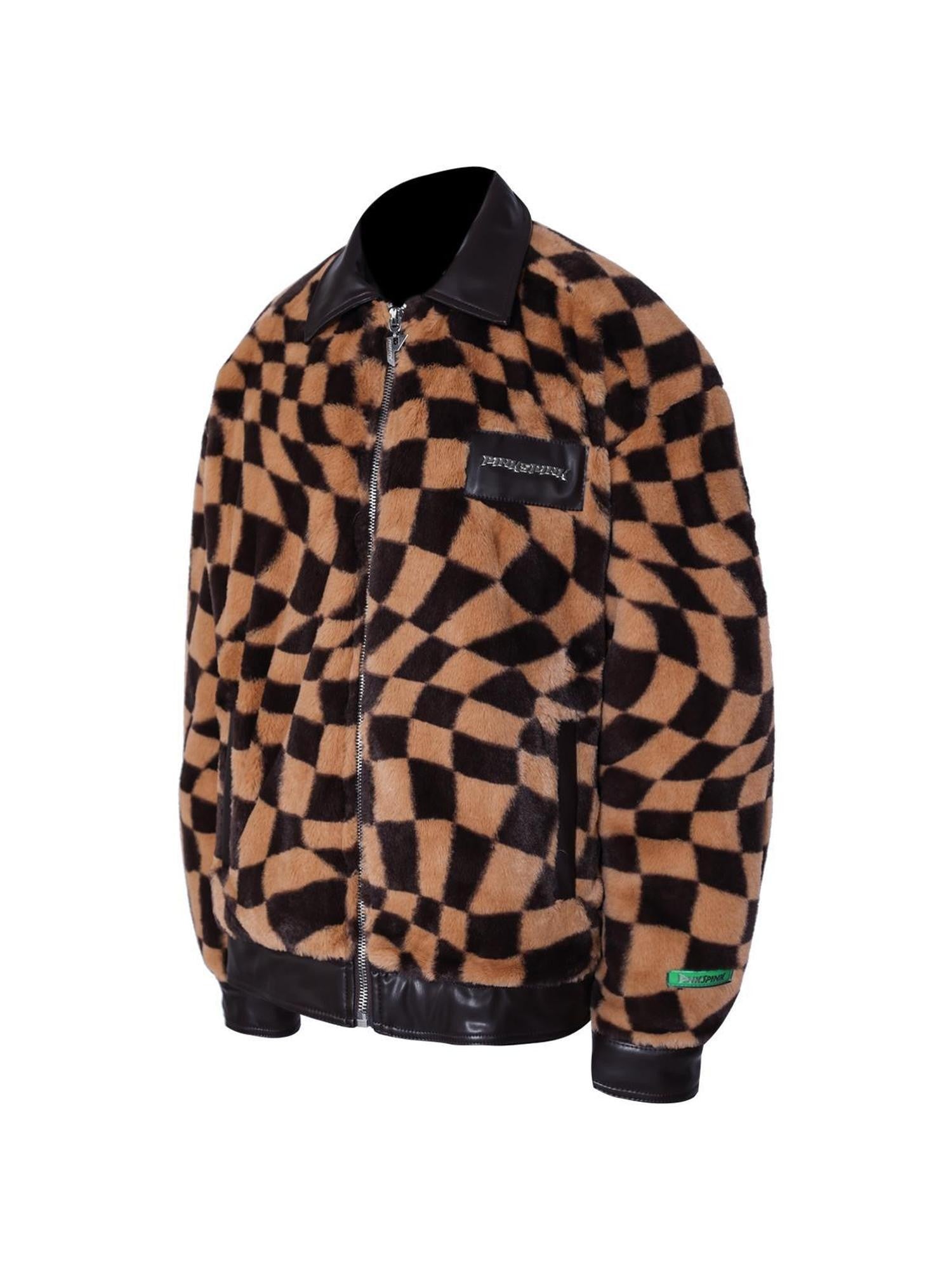 PINKSPINK Twisted Checkerboard Patchwork Print Women's Plush Quilted Fleece Jackets