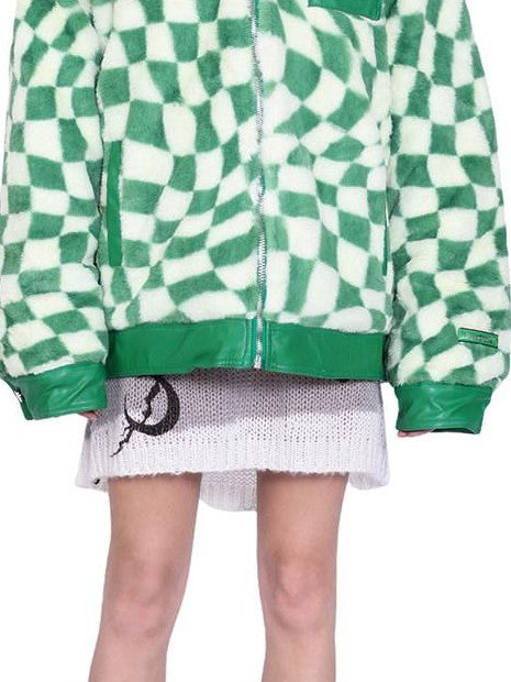 PINKSPINK Twisted Checkerboard Patchwork Print Women's Plush Quilted Fleece Jackets