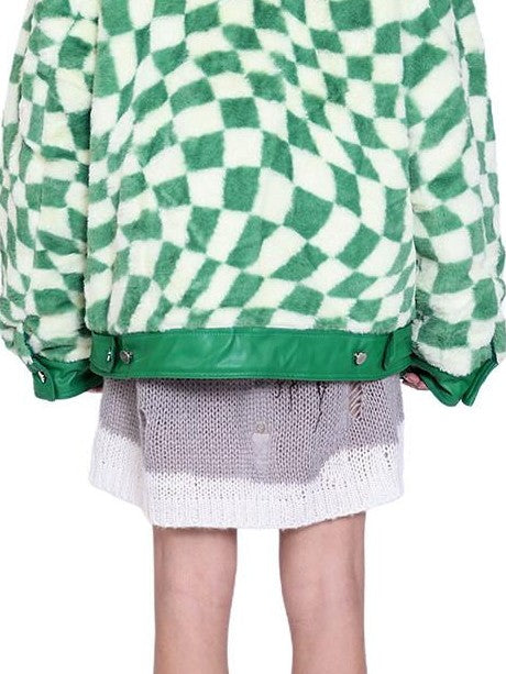 PINKSPINK Twisted Checkerboard Patchwork Print Women's Plush Quilted Fleece Jackets