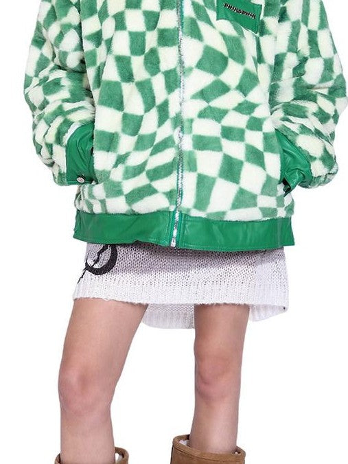 PINKSPINK Twisted Checkerboard Patchwork Print Women's Plush Quilted Fleece Jackets