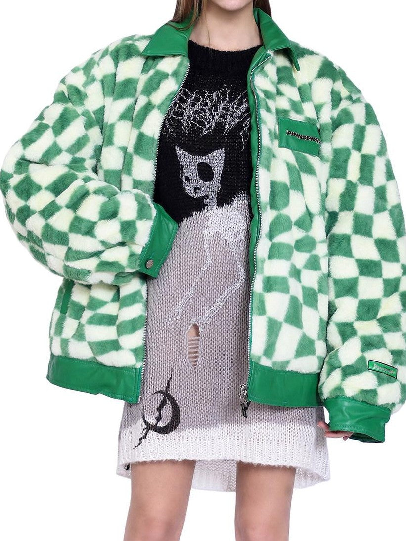 PINKSPINK Twisted Checkerboard Patchwork Print Women's Plush Quilted Fleece Jackets