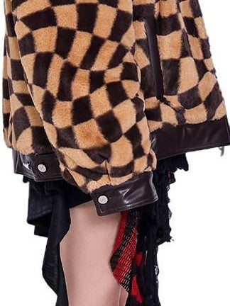 PINKSPINK Twisted Checkerboard Patchwork Print Women's Plush Quilted Fleece Jackets