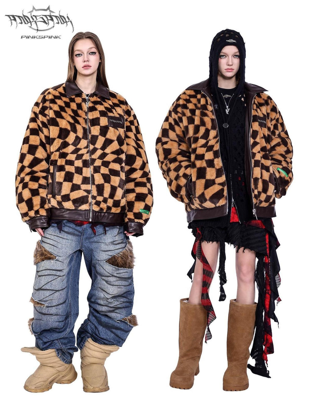 PINKSPINK Twisted Chessboard Patchwork Printed Check Women's Plush Padded Fleece Jackets