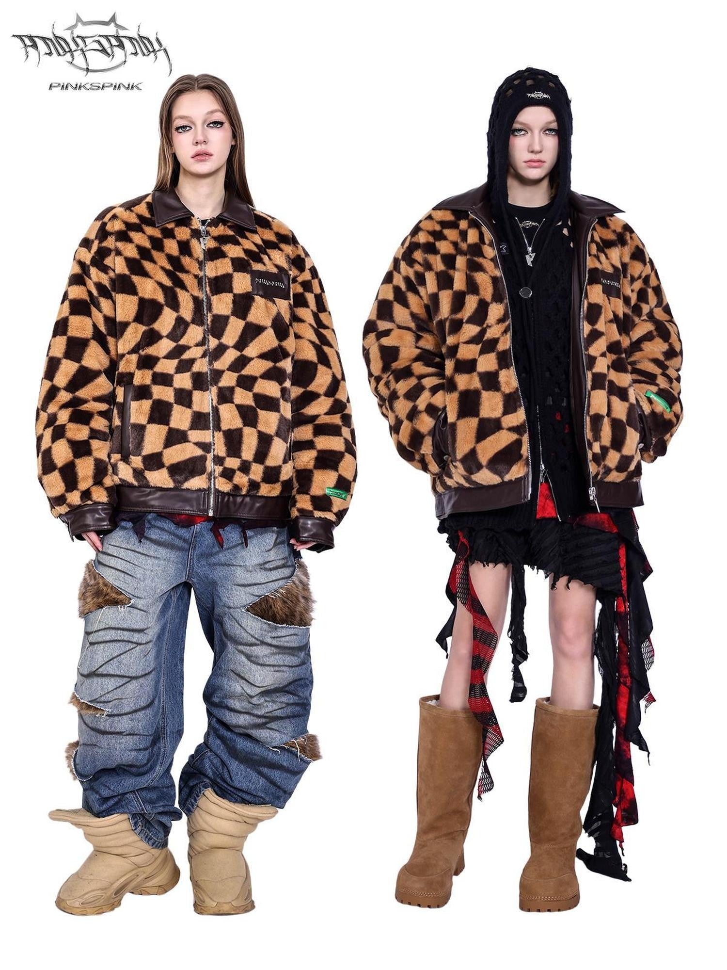 PINKSPINK Twisted Chessboard Patchwork Printed Check Women's Plush Padded Fleece Jackets