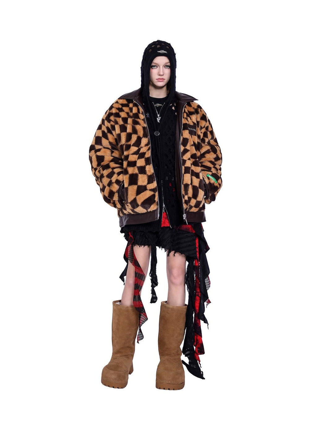 PINKSPINK Twisted Chessboard Patchwork Printed Check Women's Plush Padded Fleece Jackets