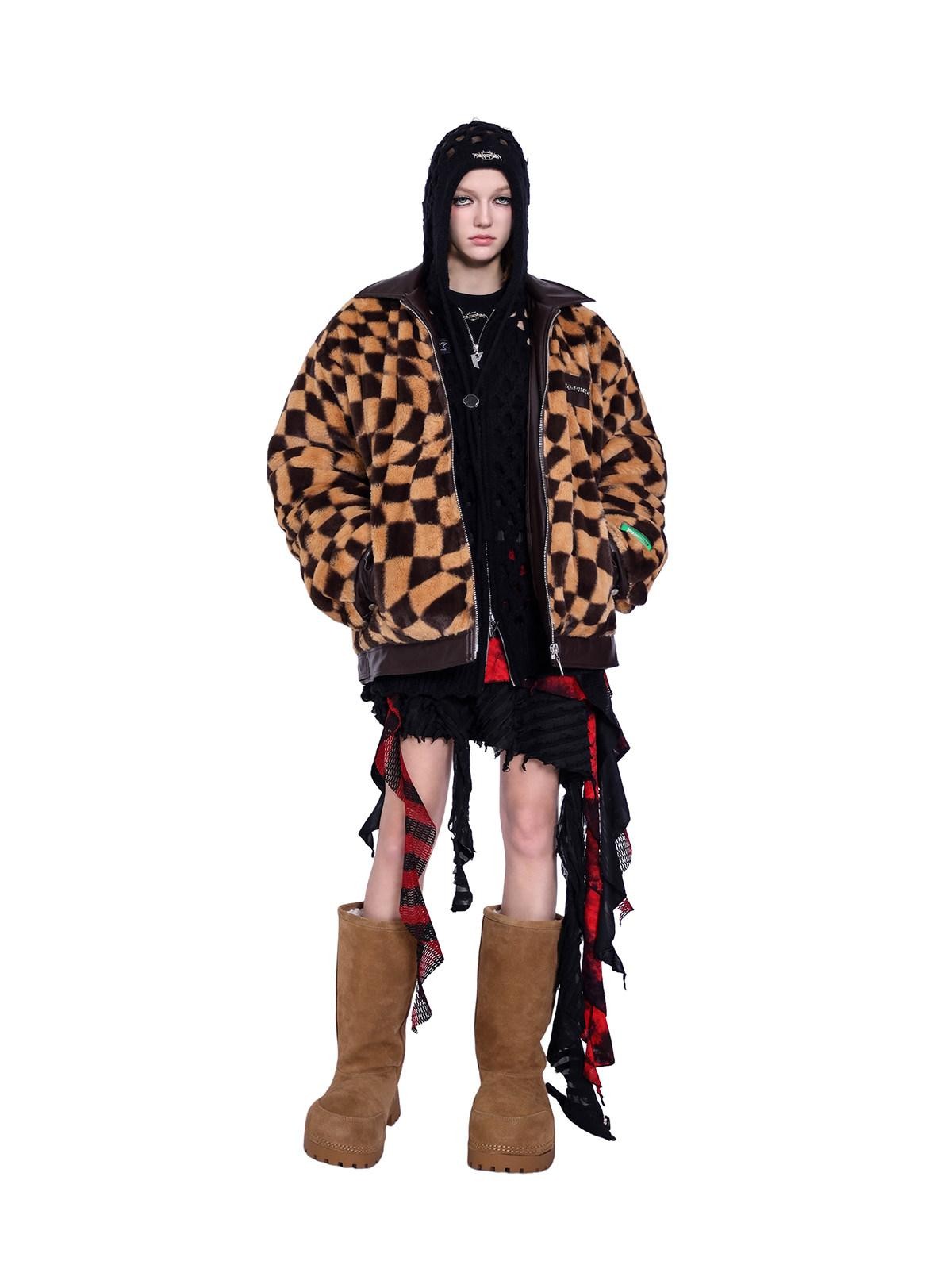 PINKSPINK Twisted Chessboard Patchwork Printed Check Women's Plush Padded Fleece Jackets