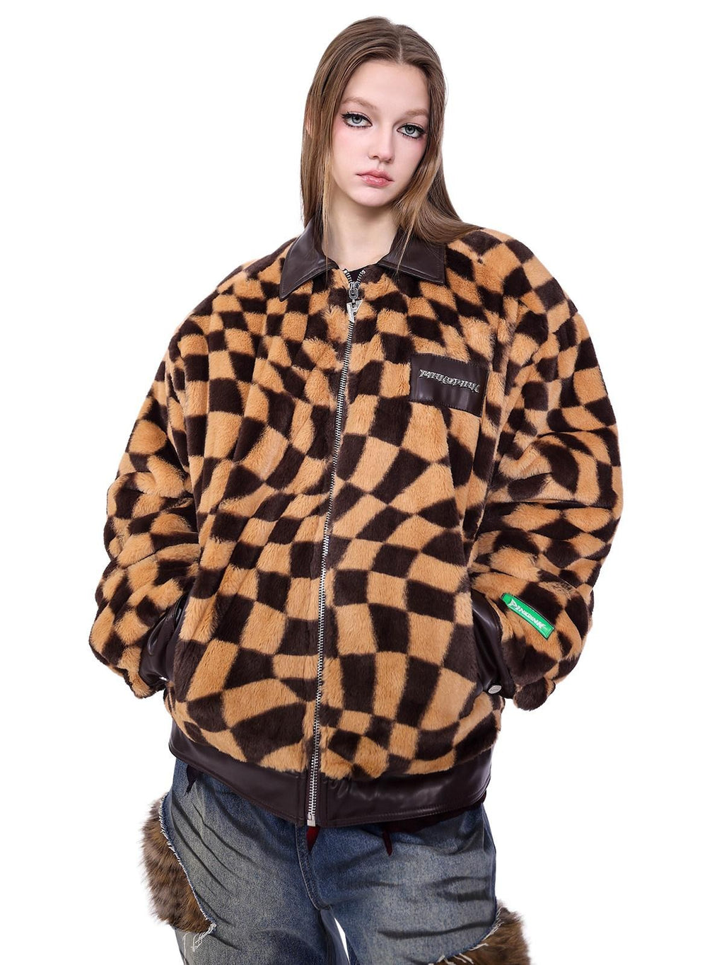 PINKSPINK Twisted Chessboard Patchwork Printed Check Women's Plush Padded Fleece Jackets