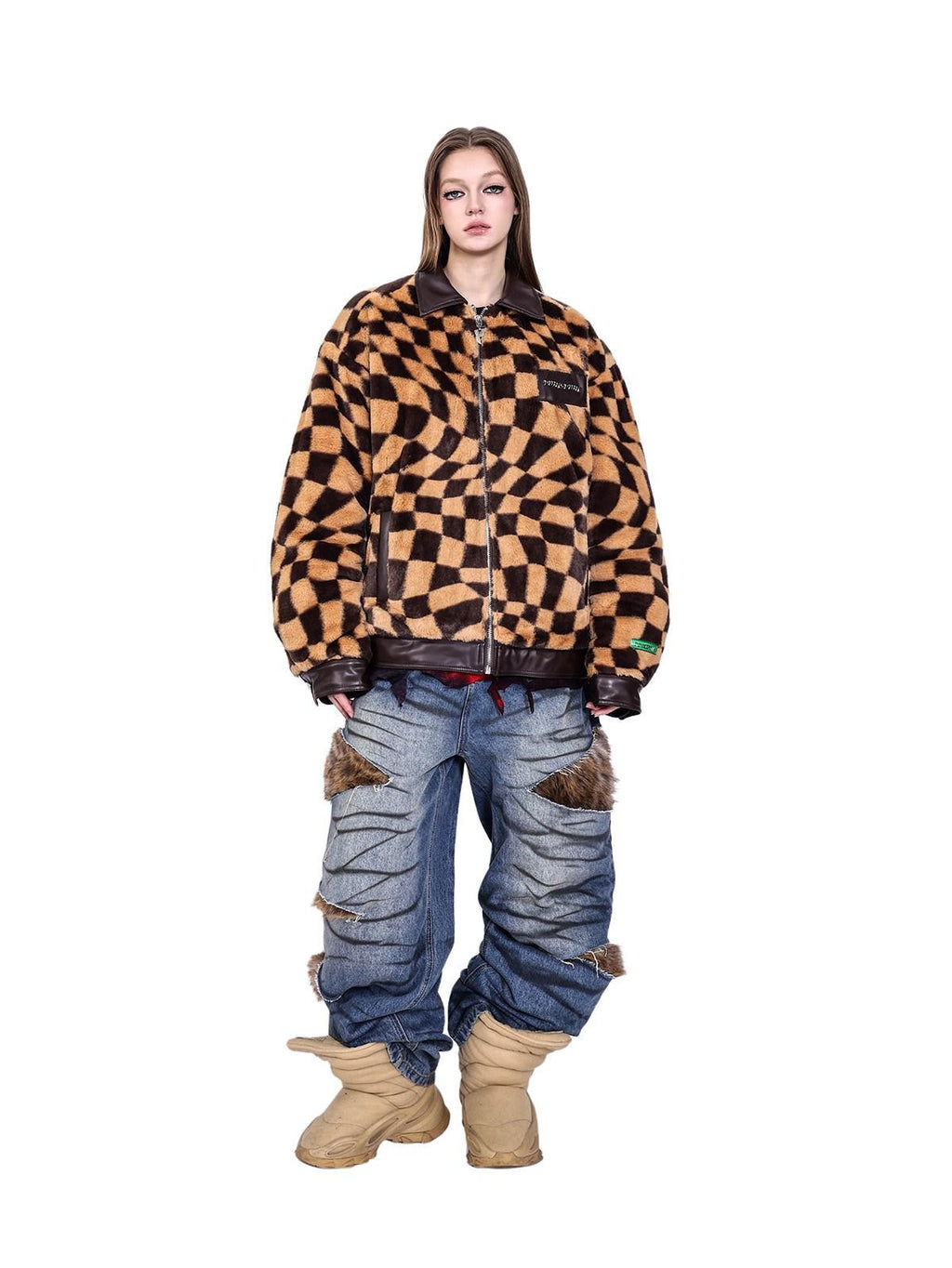 PINKSPINK Twisted Chessboard Patchwork Printed Check Women's Plush Padded Fleece Jackets