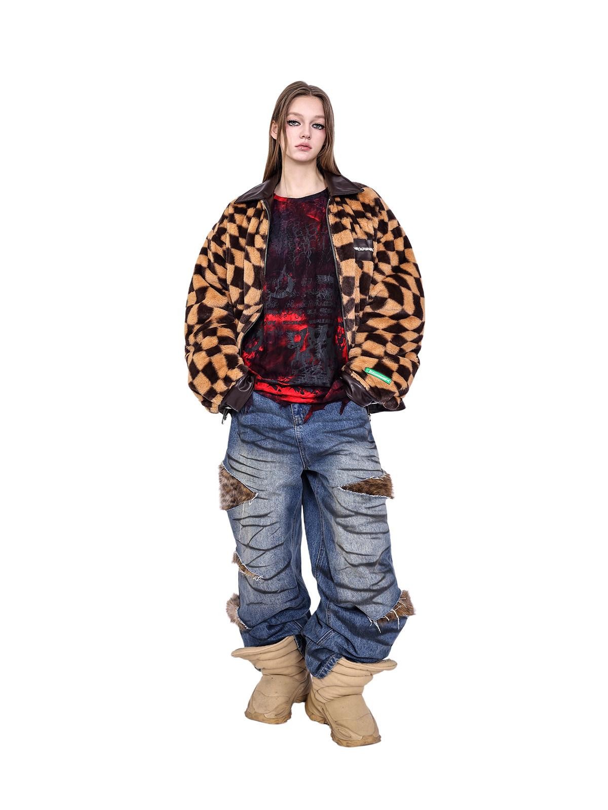 PINKSPINK Twisted Chessboard Patchwork Printed Check Women's Plush Padded Fleece Jackets
