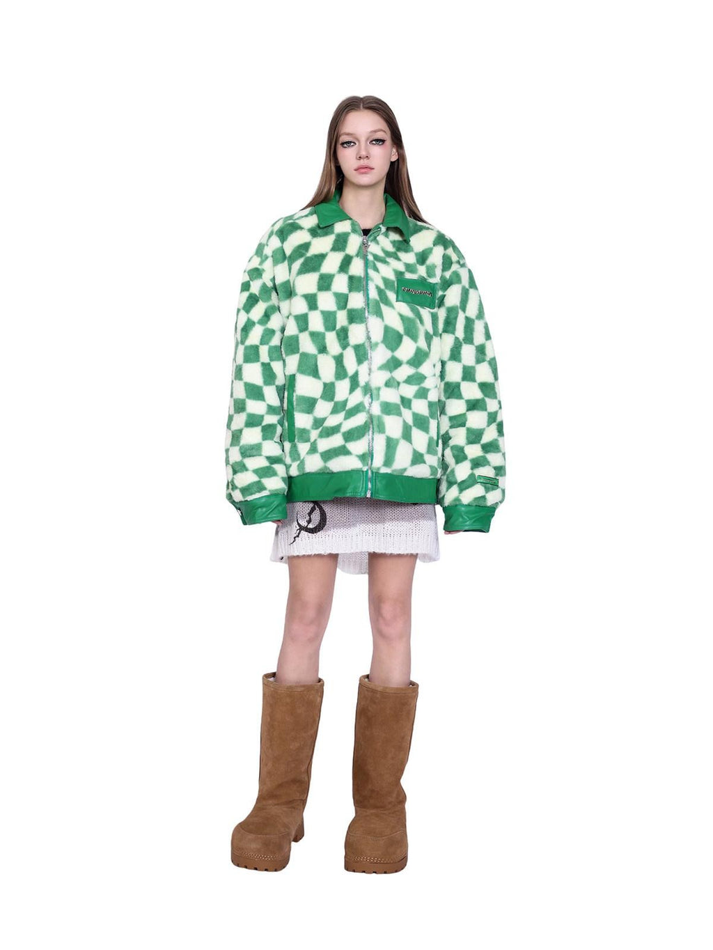 PINKSPINK Twisted Chessboard Patchwork Printed Check Women's Plush Padded Fleece Jackets