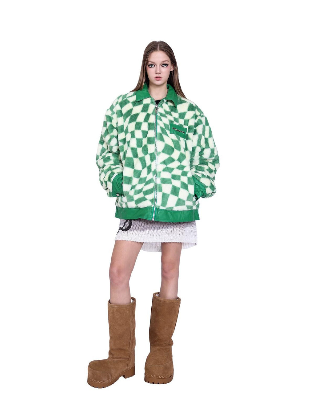 PINKSPINK Twisted Chessboard Patchwork Printed Check Women's Plush Padded Fleece Jackets