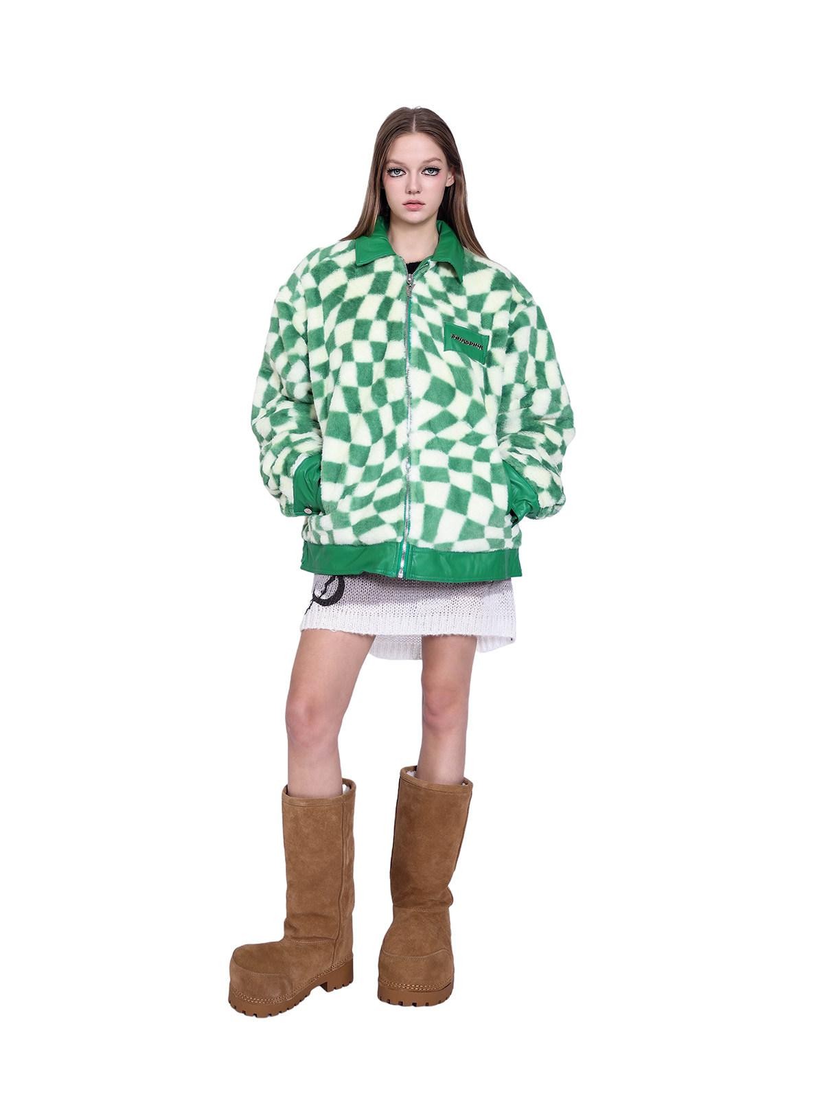PINKSPINK Twisted Chessboard Patchwork Printed Check Women's Plush Padded Fleece Jackets