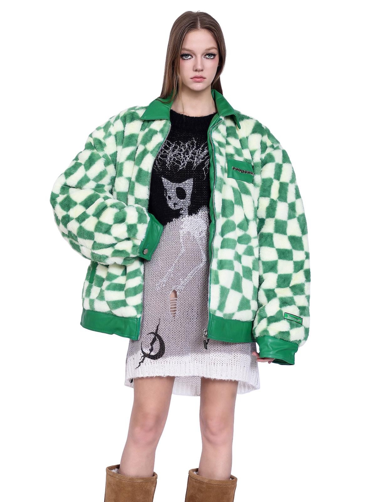PINKSPINK Twisted Chessboard Patchwork Printed Check Women's Plush Padded Fleece Jackets