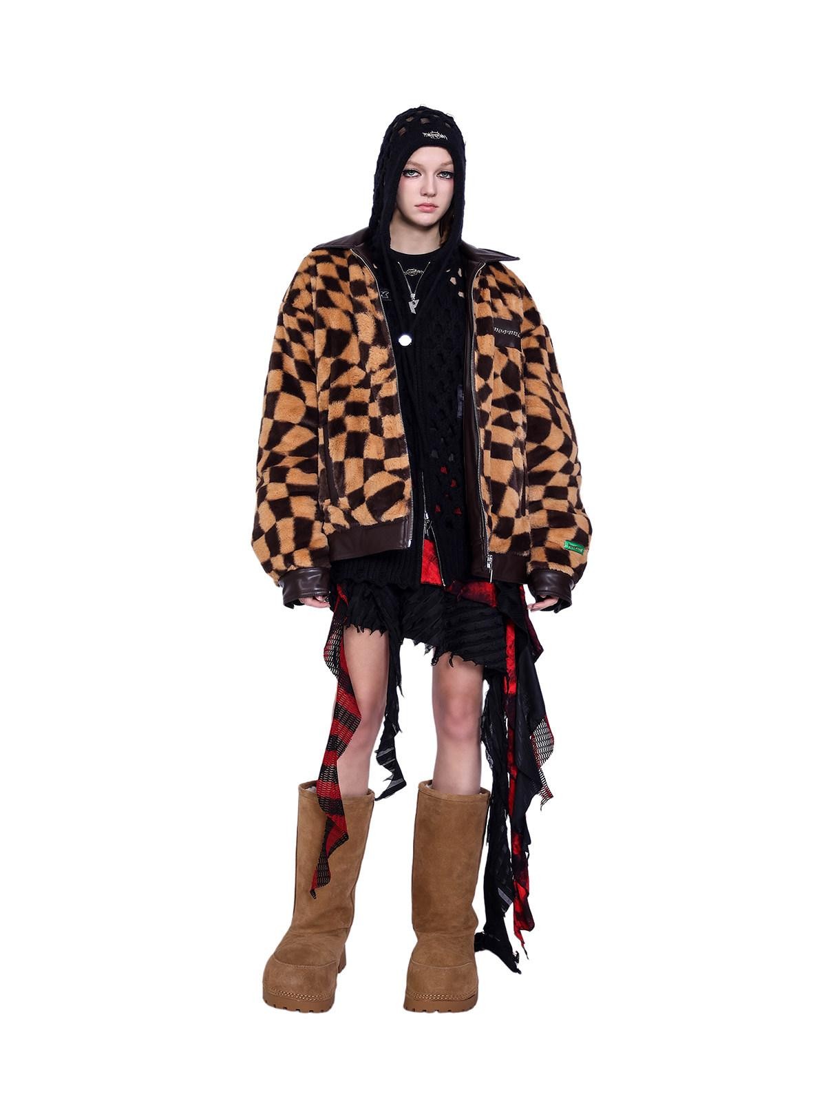 PINKSPINK Twisted Chessboard Patchwork Printed Check Women's Plush Padded Fleece Jackets