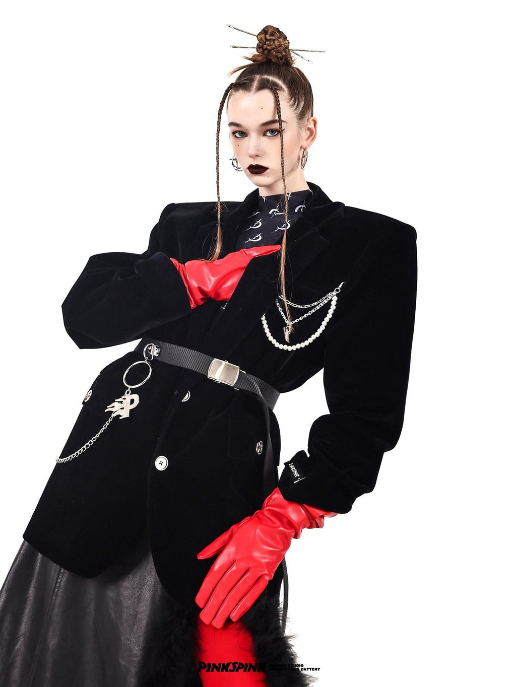 PINKSPINK Velvet Pearl Chain Padded Shoulders Oversized Women's Polyester Blazers