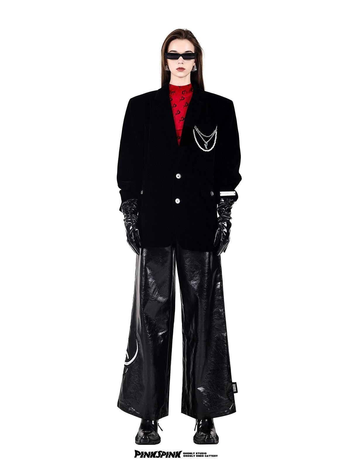 PINKSPINK Velvet Pearl Chain Padded Shoulders Oversized Women's Polyester Blazers