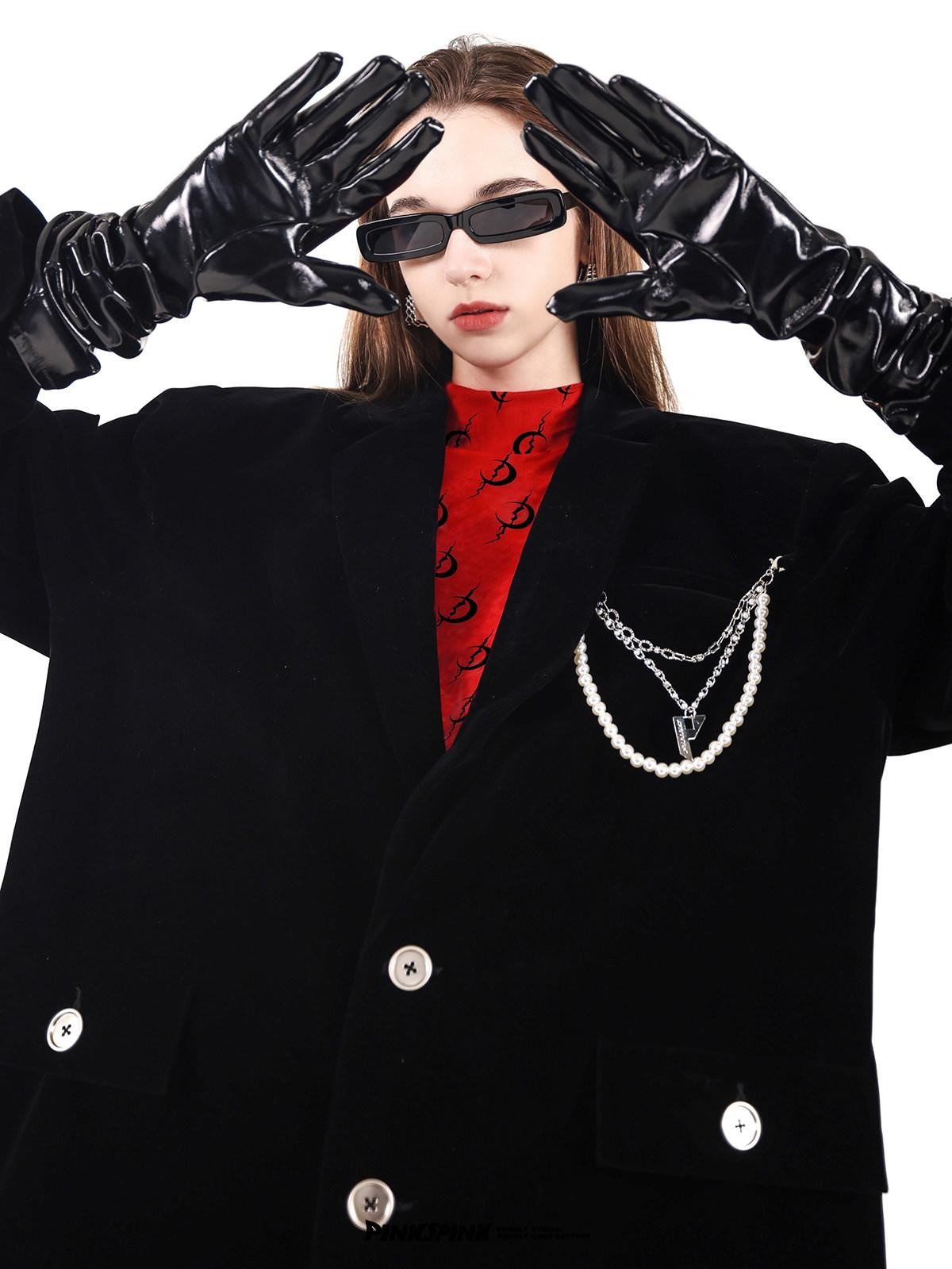 PINKSPINK Velvet Pearl Chain Padded Shoulders Oversized Women's Polyester Blazers