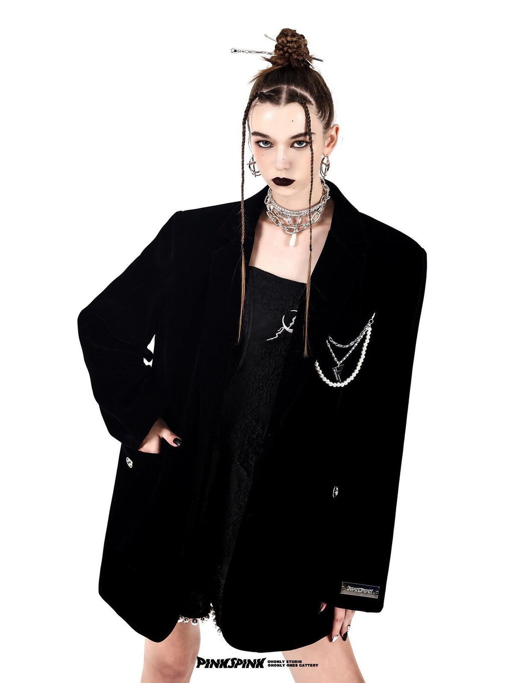 PINKSPINK Velvet Pearl Chain Padded Shoulders Oversized Women's Polyester Blazers