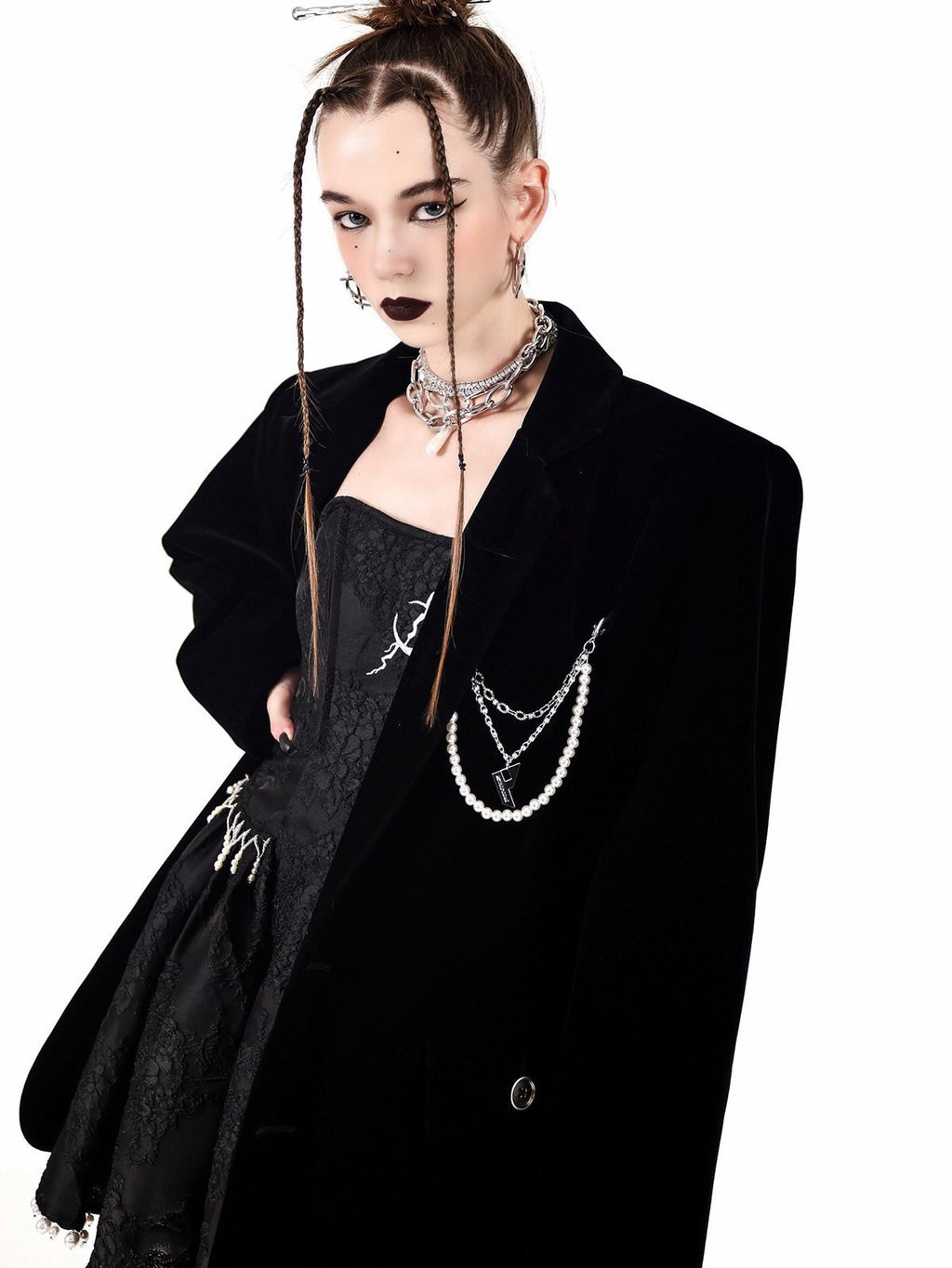 PINKSPINK Velvet Pearl Chain Padded Shoulders Oversized Women's Polyester Blazers