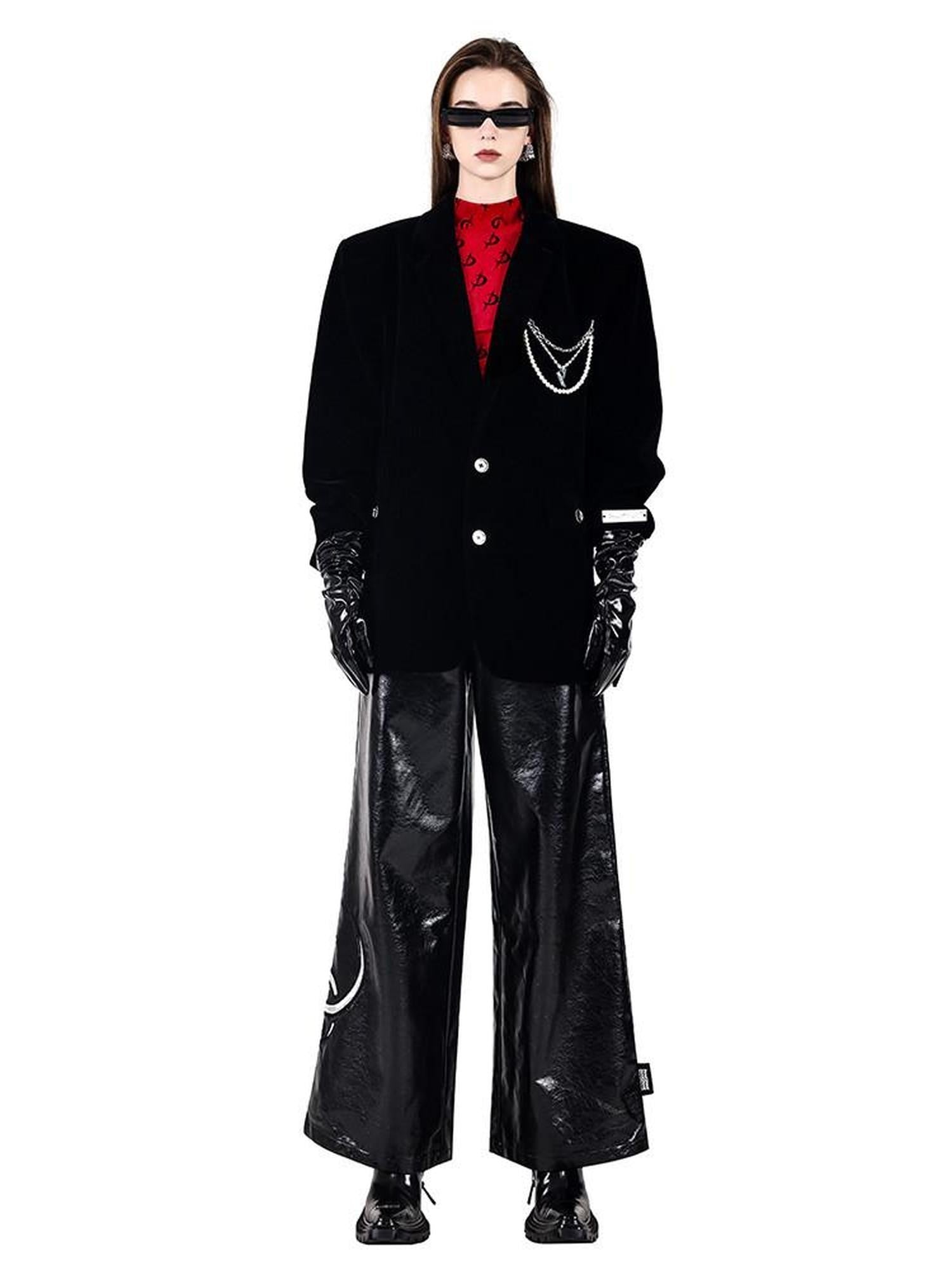 PINKSPINK Velvet Pearl Chain Padded Shoulders Oversized Women's Polyester Blazers