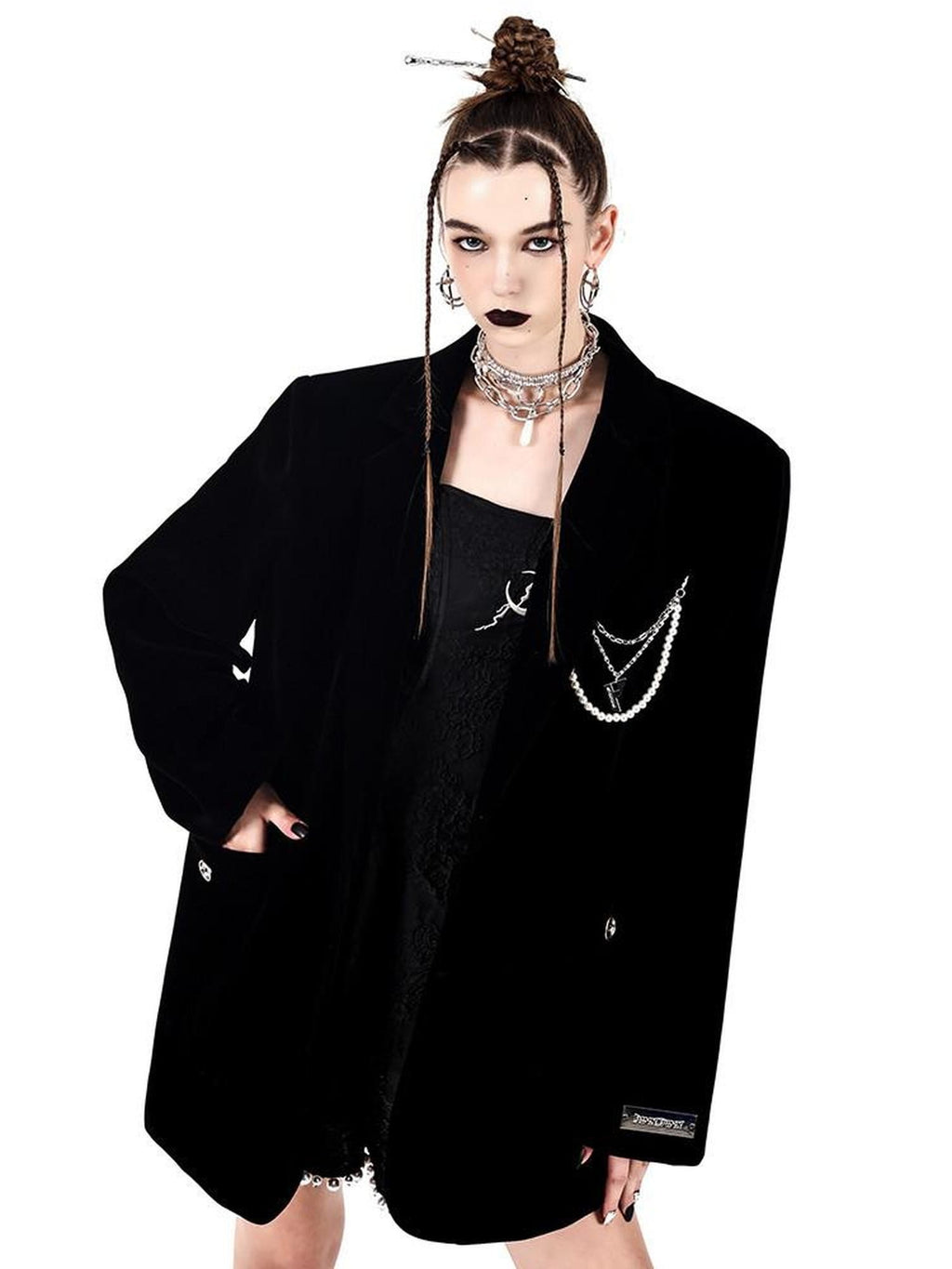 PINKSPINK Velvet Pearl Chain Padded Shoulders Oversized Women's Polyester Blazers