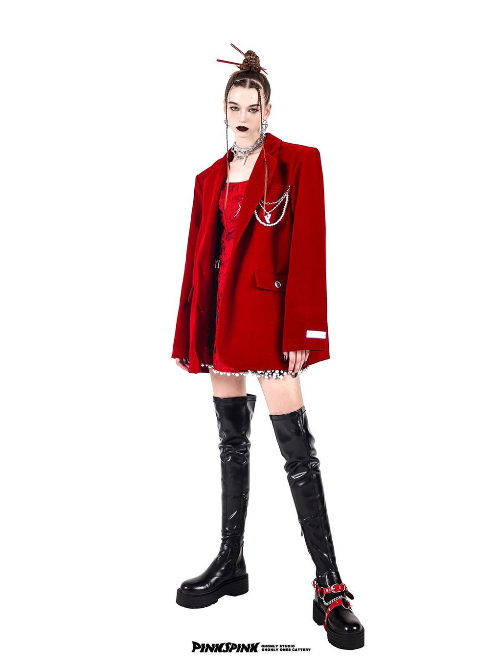 PINKSPINK Velvet Pearl Chain Padded Shoulders Oversized Women's Polyester Blazers