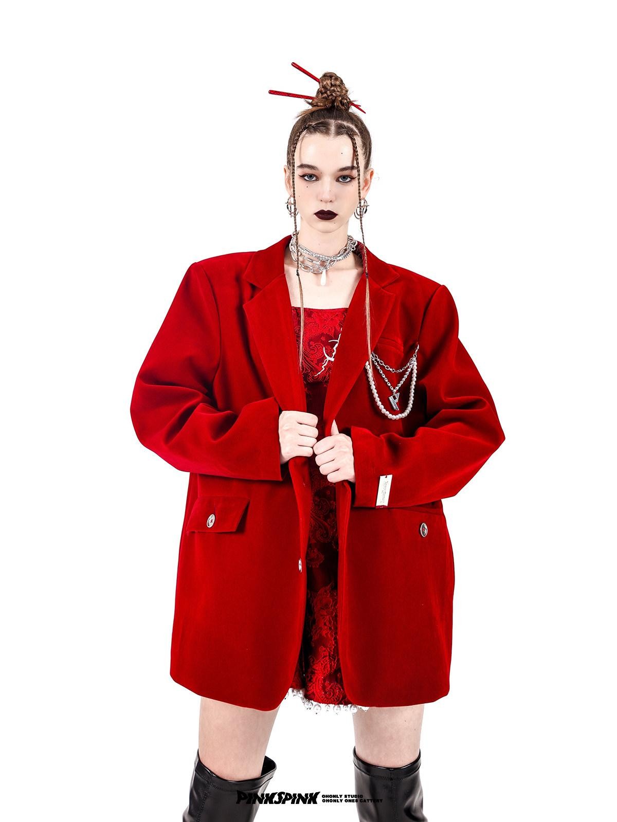 PINKSPINK Velvet Pearl Chain Padded Shoulders Oversized Women's Polyester Blazers