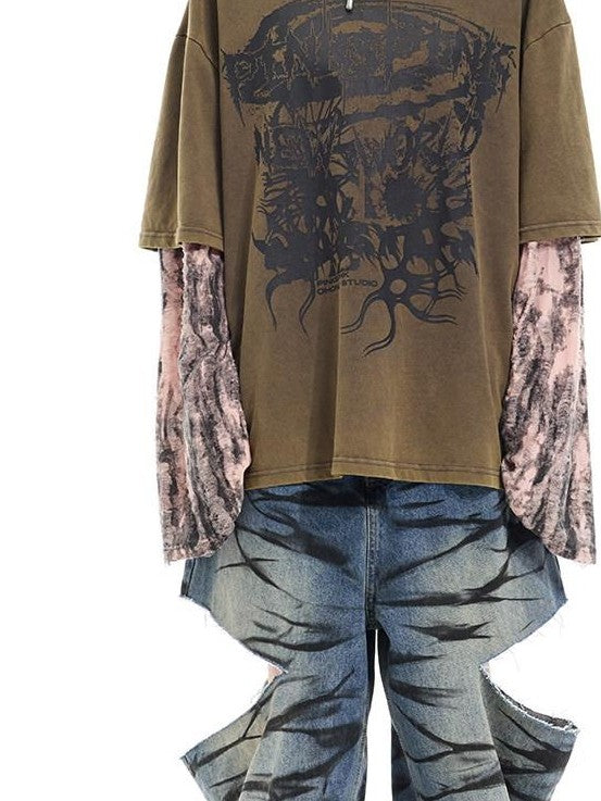 PINKSPINK Washed Blue Layered Graffiti Loose Low Waist Women's Denim Ripped Jeans