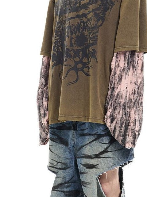PINKSPINK Washed Blue Layered Graffiti Loose Low Waist Women's Denim Ripped Jeans