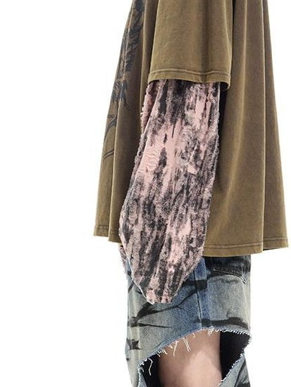 PINKSPINK Washed Blue Layered Graffiti Loose Low Waist Women's Denim Ripped Jeans